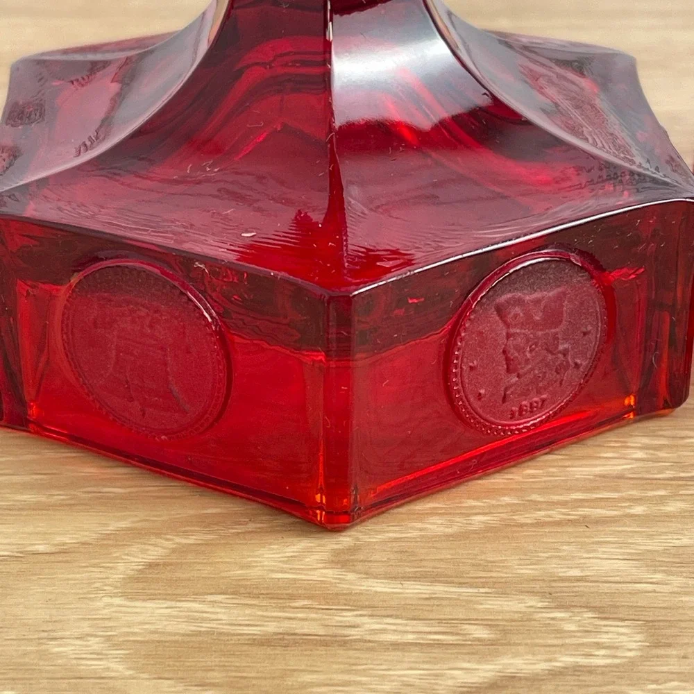 Vintage Ruby Red Glass Coin Candlestick Holders Hexagon Liberty Bell Set of 2
